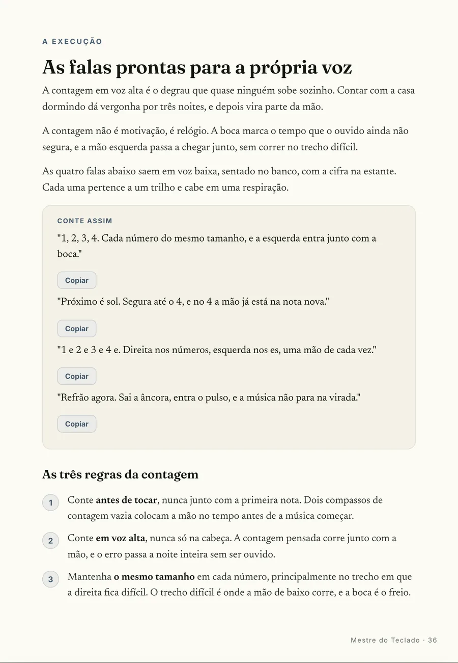 Falas prontas: As falas pra própria voz durante a prática, com as regras da contagem ao lado